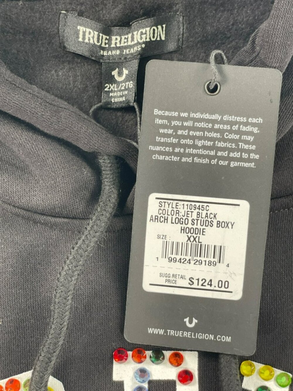 True Religion Jet Black Arch Logo Studs Boxy Hoodie Men's Size 2XL MSRP $124 NEW - Picture 6 of 7